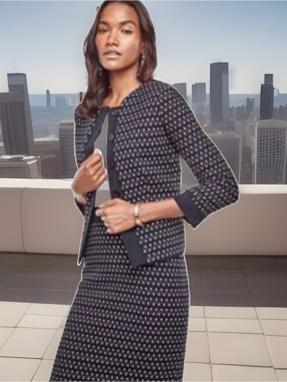 Ann Taylor women’s size 6 open-front black and white patterned textured jacket.